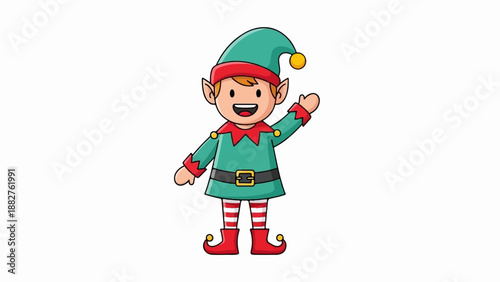 Cartoon elf character in green tunic and striped socks, waving