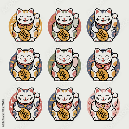 Lucky Charm: A collection of charming Maneki Neko beckoning cats, each radiating prosperity and fortune, evoking a sense of luck and abundance.