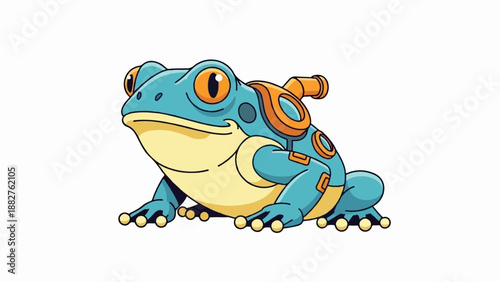 Cartoon frog with orange-accented cybernetic enhancements on its back and sides
