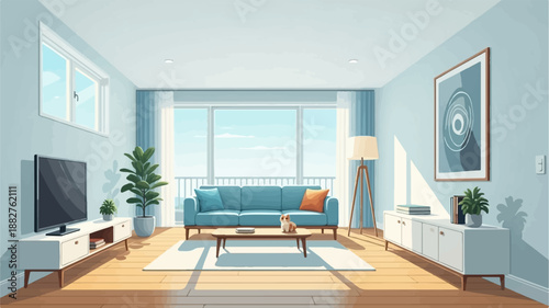 Bright, airy living room with blue sofa, TV, plants, and a cat