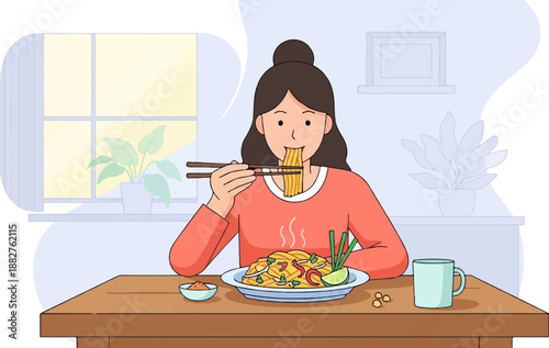 Cartoon girl eats delicious noodles with chopsticks at a wooden table