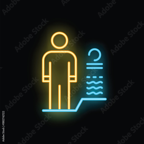 Neon glowing icon of a person standing on a diving platform, preparing to jump into the water