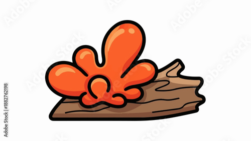 Bright orange amoeba-like shape sits on a brown textured log