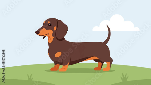 Adorable cartoon dachshund stands alert on a grassy hill under a cloudy sky