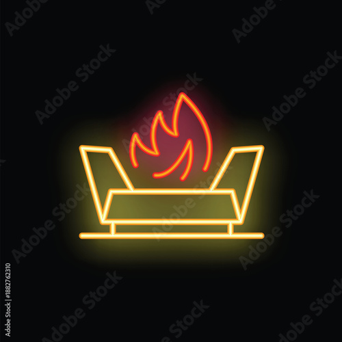 Neon brazier burning with bright flame on black background for banner, billboard, or advertisement of barbecue party