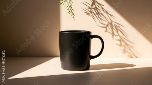 Mockup of black coffee mug on table with sunlight and shadows