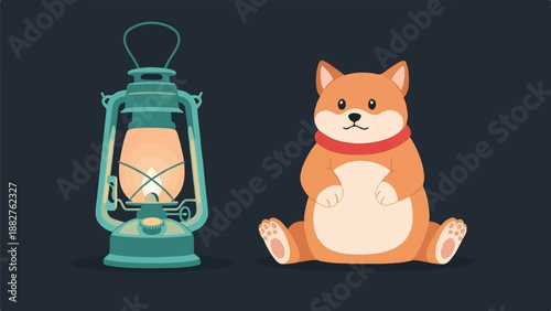 Adorable cartoon dog sitting next to a lit antique lantern