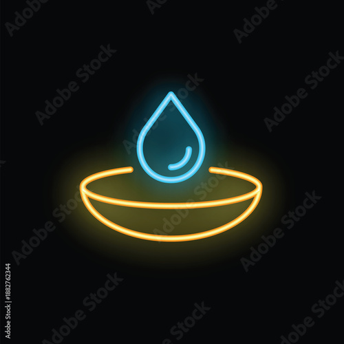 Neon icon of a water droplet falling into a contact lens, representing the concept of eye care and hydration