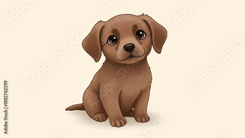 Adorable brown puppy with large, expressive eyes sits patiently on a soft, pale background