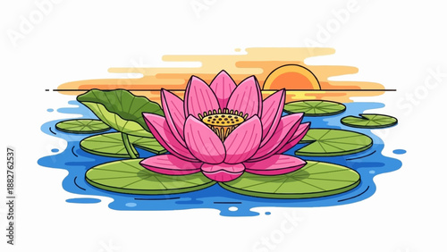 A vibrant pink water lily blooms on a pond at sunset with orange sky