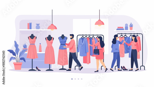 A vibrant retail scene with people browsing garments and mannequins on display