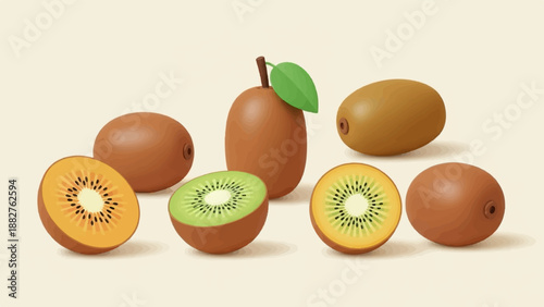 A vibrant still life illustration of whole and sliced kiwis