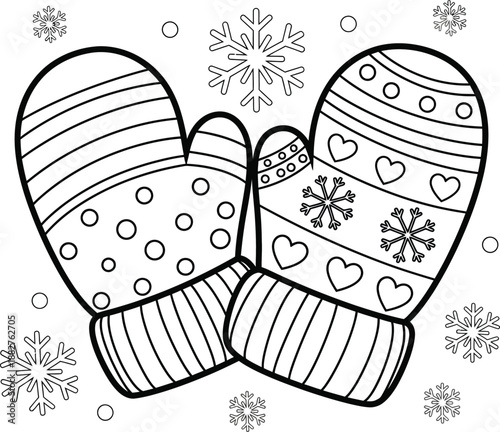Colorful illustration of mittens and snowflakes