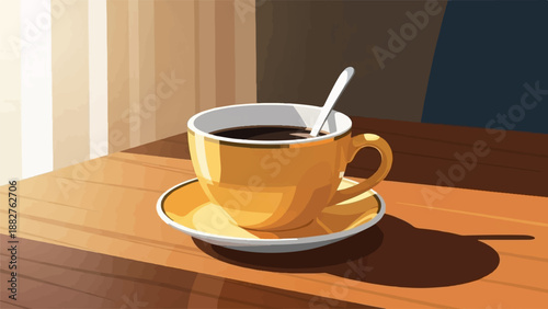 A warm cup of coffee sits on a wooden table bathed in sunlight