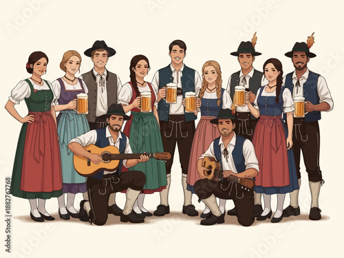 A group of people in traditional bavarian clothing standing and sitting with beer steins and musical instruments on a beige background