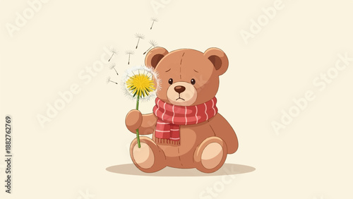 A whimsical brown teddy bear in a red scarf holds a dandelion with seeds blowing away