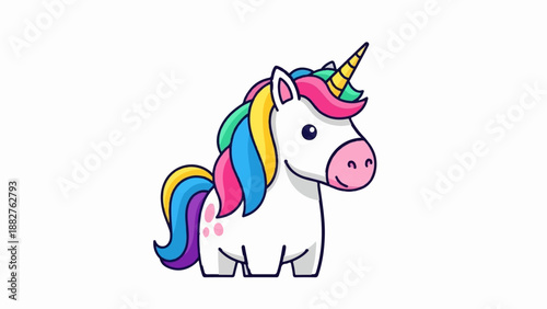 A whimsical cartoon unicorn with a rainbow mane and tail, prancing