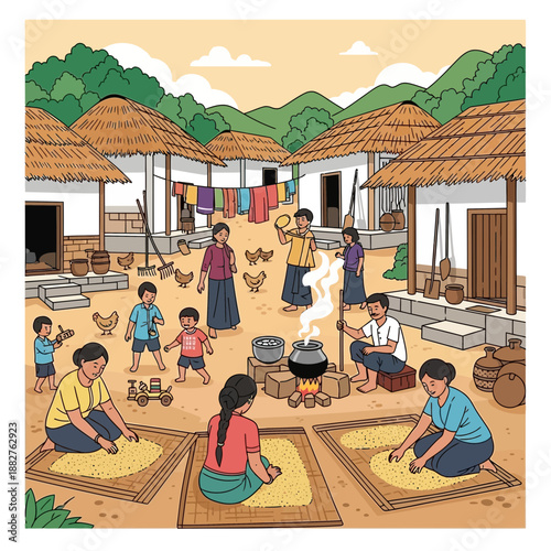 Rural village life scene with families working, cooking, and children playing.