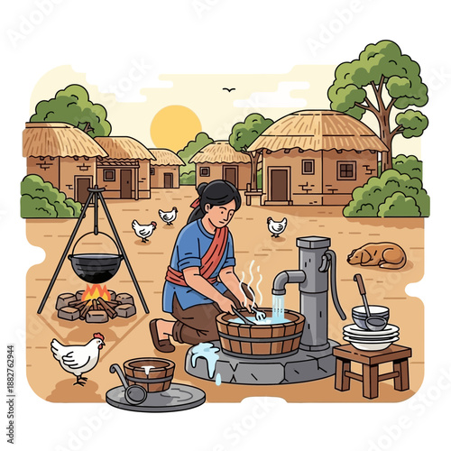 Rural village life: woman drawing water from a pump, cooking outdoors