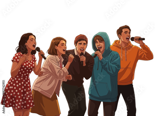 A group of young adults singing together with microphones