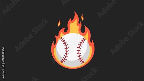 A white baseball with red stitching is engulfed in cartoonish orange and yellow flames