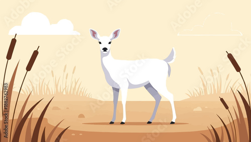 A white deer stands in a marshy landscape with reeds and clouds