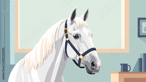 A white horse with a bridle in a softly lit room