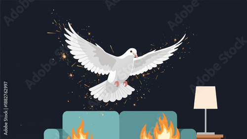 A white dove flies over a burning sofa and lamp