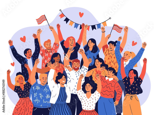 Diverse group of people celebrating with american flags and hearts in the air happily