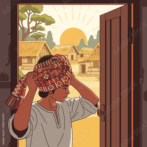 Woman tying traditional headdress in village at sunrise