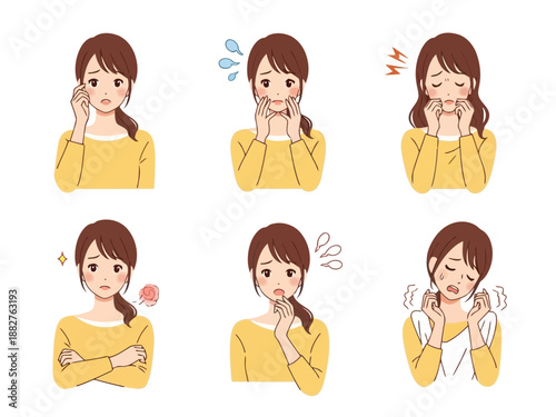 Woman expressing various emotions and reactions in different moods and feelings