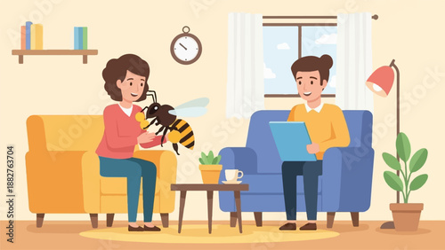 A woman gently holds a bee while a man looks at a tablet