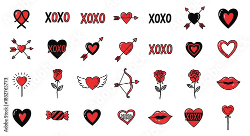 Valentine Love Doodle Icon Set with XOXO Hearts Arrows Roses Lips and Romantic Symbols Isolated