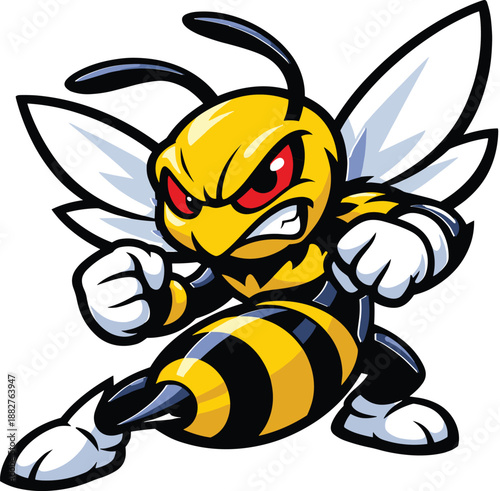 Angry Bee Mascot Logo with Red Eyes, Clenched Fists and Sharp Stinger, Fighter Wasp Character Design, Cad Drawing Flat Vector Illustration Isolated White