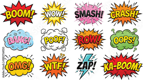 Colorful comic book sound effects bubbles with boom wow smash and bang on black background cad drawing flat vector illustration for design