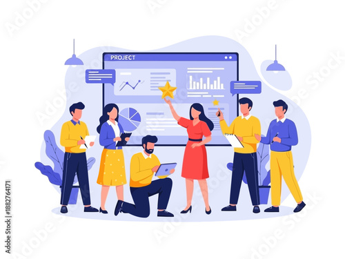 Business team working together in front of a large computer screen