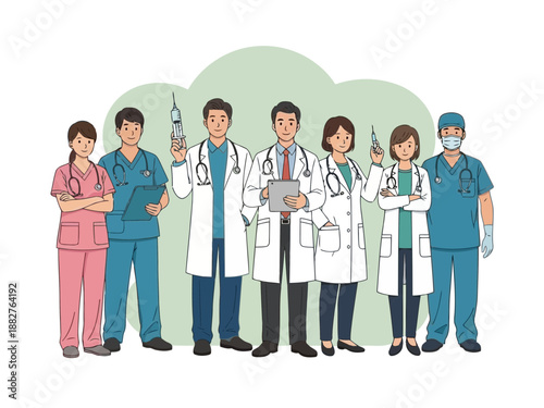 A group of medical professionals standing together in scrubs and lab coats