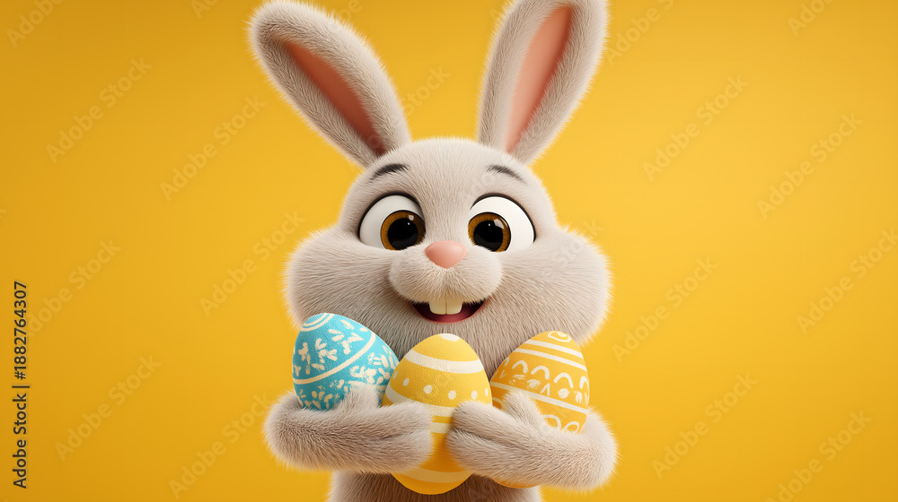 Obraz premium A cheerful cartoon bunny holding colorful Easter eggs on a bright yellow background