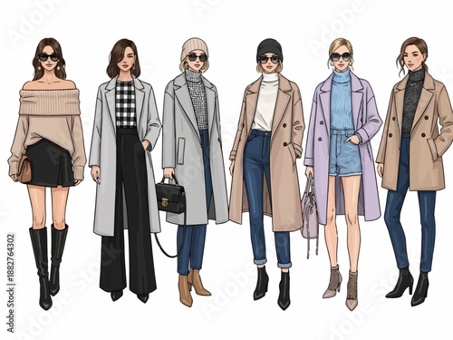 Fashionable women in stylish outfits and accessories