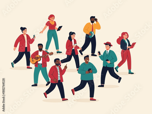A group of people walking and running in different directions with various objects in their hands on a beige background