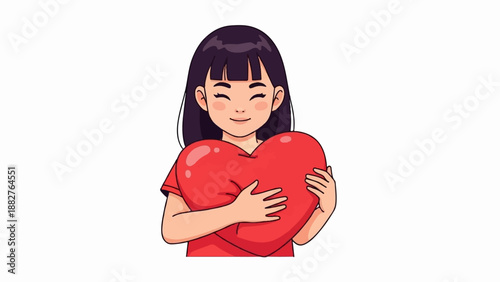 Adorable pixel art child embracing a large red heart with joy