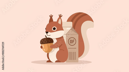 Adorable squirrel holds acorn next to milk carton on soft pink background