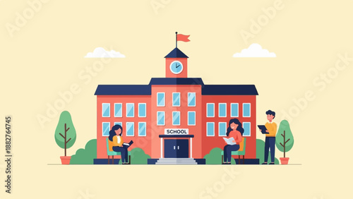 Cartoon illustration of people reading and learning in front of a school building