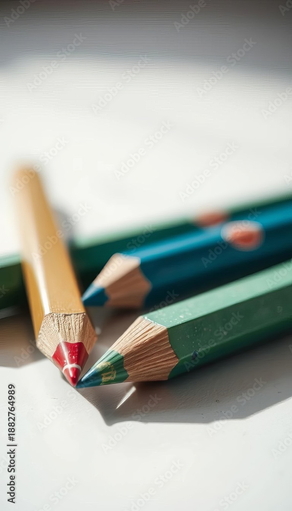 Obraz premium A still life of worn, colorful pencils, their tips softened by time, bathed in a gentle, dreamy light, sketch materials, bokeh effect
