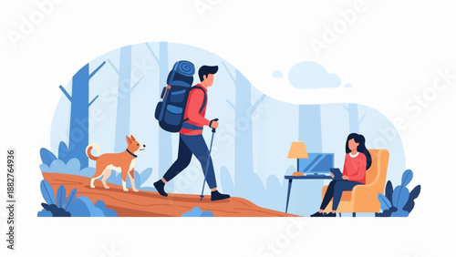 Adventurer with dog on trail contrasted with person working indoors
