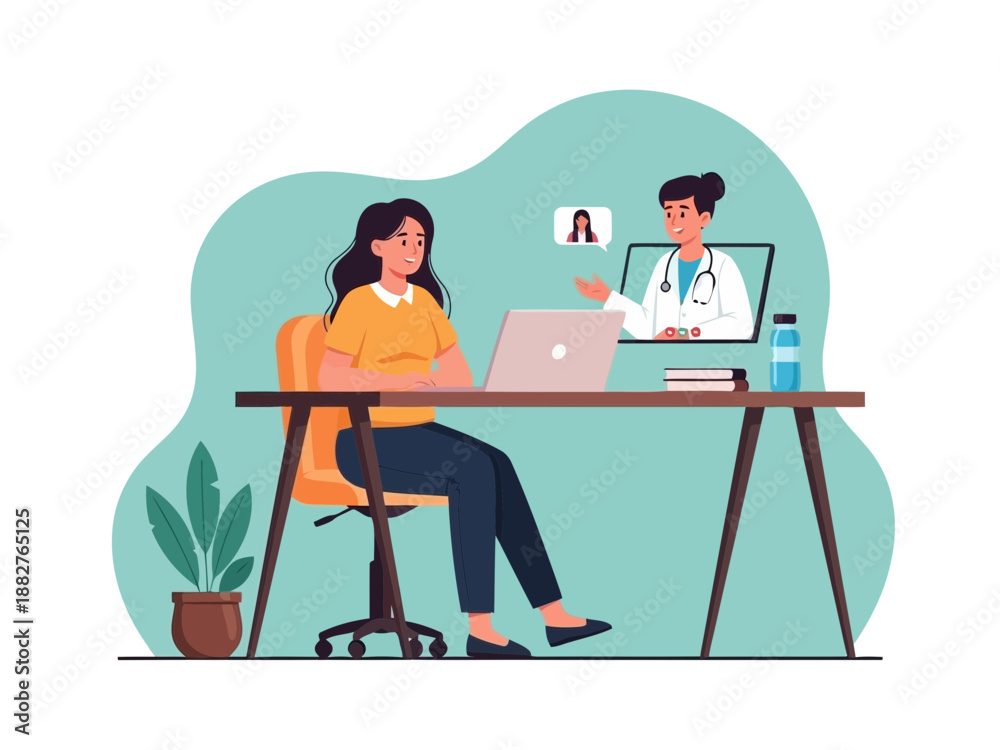 Fototapeta premium Woman and doctor sitting at desk with laptop and computer