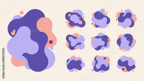 Abstract organic shapes in purple, lavender, and peach hues, creating a fluid display
