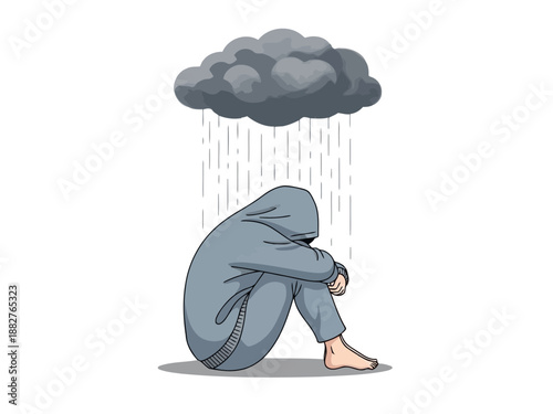 Sad person sitting under a rainy cloud