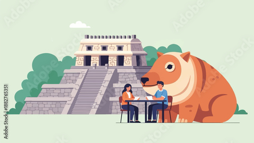 Couple dines with giant bear before ancient temple, surrounded by lush nature