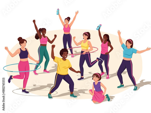 Group of diverse people exercising and having fun together with hula hoops